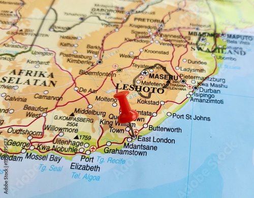 View of East London, City was a constituency in the Cape Province of South Africa, on a geographical map of Africa, marked with red push pin
