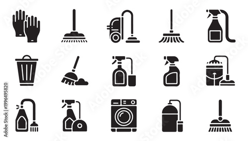Industrial and home cleaning equipment icons with floor brushes vacuum cleaners and sprayers.