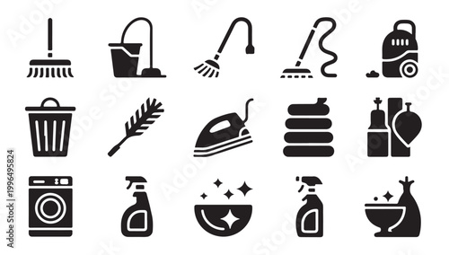 Household utility and cleaning tool set with iron vacuum cleaner broom and laundry icons black.