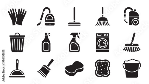 Domestic cleaning supplies and tool silhouettes including plunger sponges mop and laundry icons.