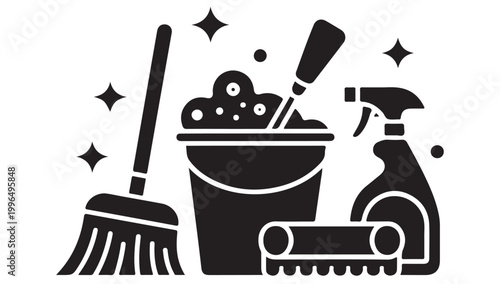 Cleaning supplies with bucket broom spray bottle and hand trowel for house cleaning.