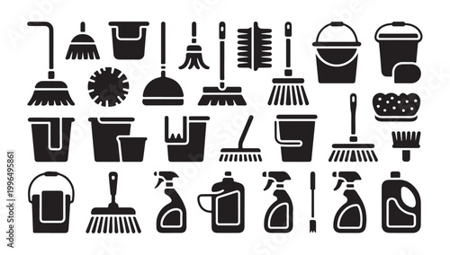 Assortment of cleaning tools and supplies icons for housekeeping and chores.
