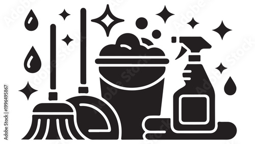 Cleaning supplies and tools for home hygiene with sparkles and water drops.