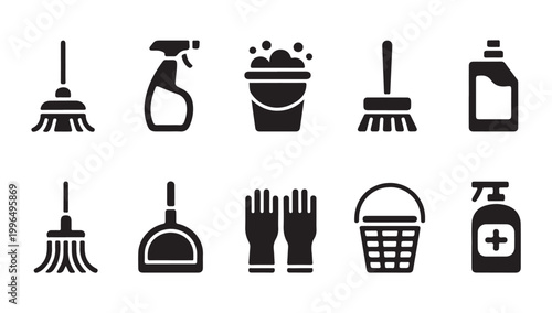 Housekeeping tools flat icons including spray bottle mop and protective rubber gloves vector.