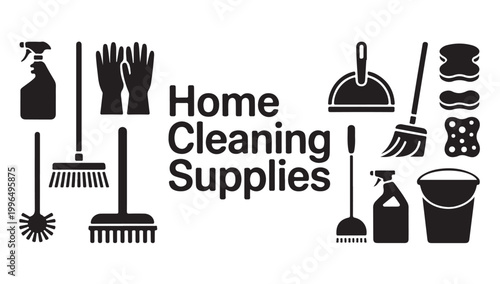Home cleaning supplies text with icons for hygiene products and cleaning tools.