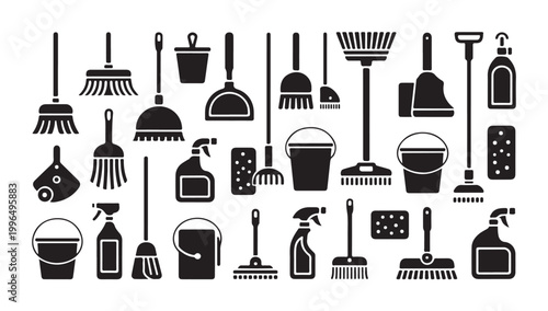 Collection of cleaning equipment flat icons for household hygiene and chores.