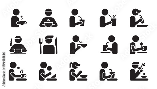 People eating and drinking icons set showing various actions with coffee cups and beverage.