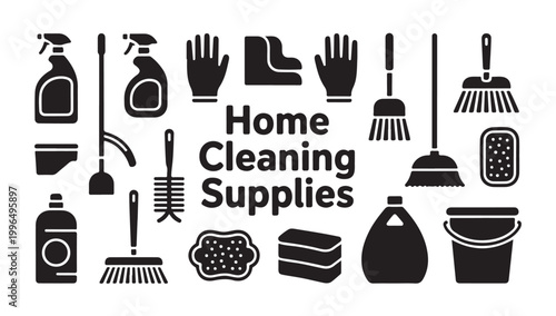 House cleaning supplies icon collection with spray bottles buckets gloves sponges and mops.