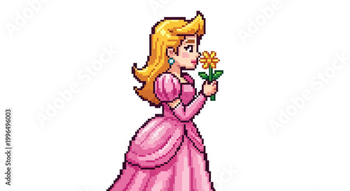 Pixel Art Princess Smelling a Flower in a Pink Dress.