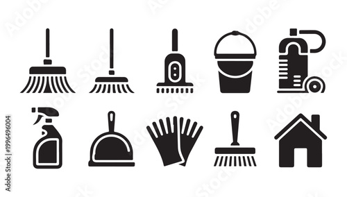 Professional sanitation service icons with vacuum canister spray bottle dustpan and broom set.