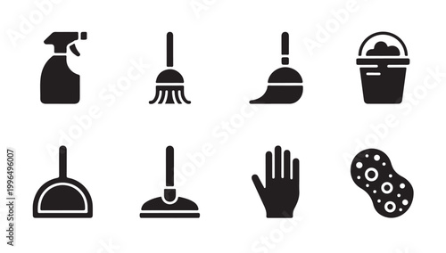 Essential housekeeping supplies icons with foam bucket sponge spray bottle and dustpan graphic.