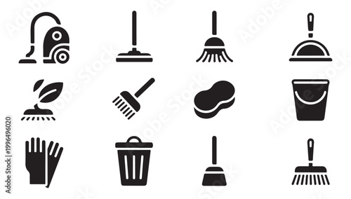 Domestic cleaning icons featuring vacuum cleaners mops and sanitation equipment silhouettes.