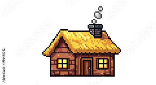 Pixel Art Rustic Wooden Cabin with Smoking Chimney.