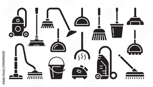 Professional janitorial tools collection featuring industrial vacuum and sweeping silhouettes.