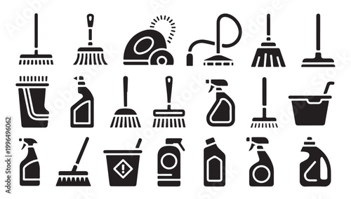 Collection of cleaning tools and supplies vector icons for housekeeping services.