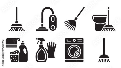Home cleaning equipment and supplies vector icons for housekeeping and chores.