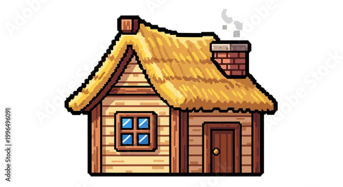Pixel Art Rustic Wooden Cottage with Thatched Roof.
