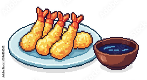 Pixel Art Shrimp Tempura Dish with Dipping Sauce.