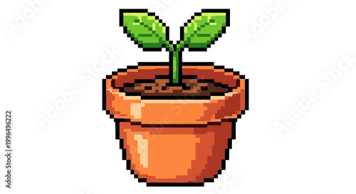 Pixel Art Sprout Growing in Terracotta Pot.