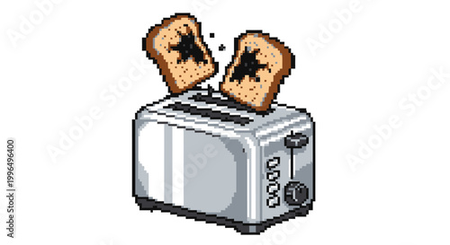 Pixel Art Toaster Popping Toast Slices.