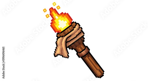 Pixel Art Torch with Burning Flame and Cloth Wrap.