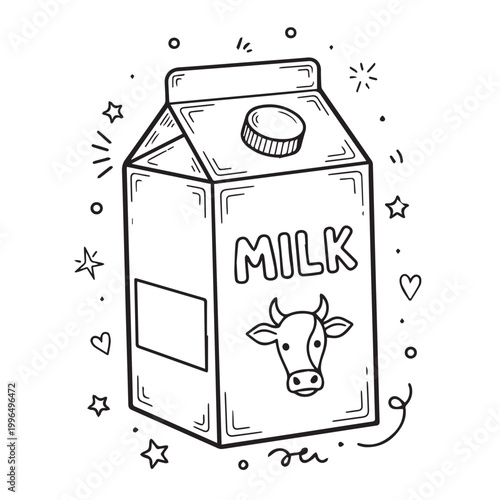 Cartoon Milk Carton Illustration with Cow Face and Decorative Stars.