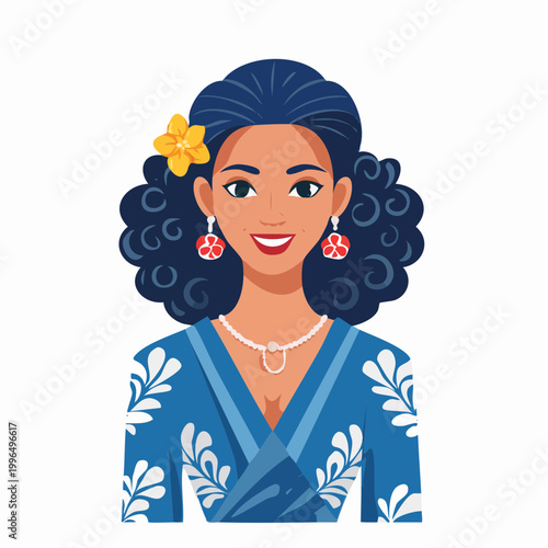 Illustration of a smiling woman with dark curly hair and floral dress