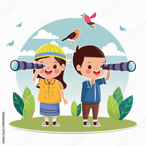 Children looking through telescopes at birds in nature