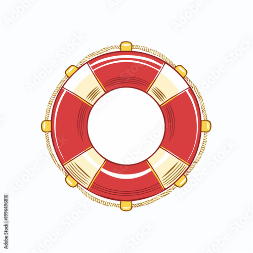 Red and yellow life preserver ring with rope detail