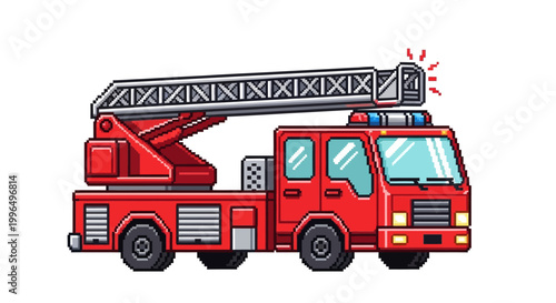 Red Fire Truck with Extended Ladder and Lights.
