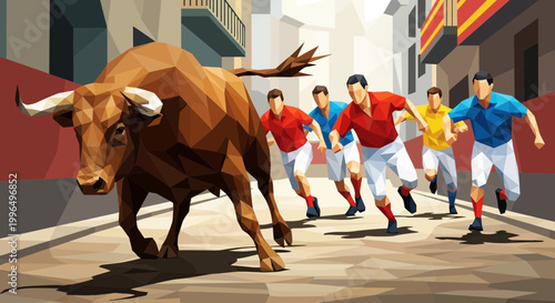 Tableau sur toile Bull Running with People in City Street, Pamplona Style