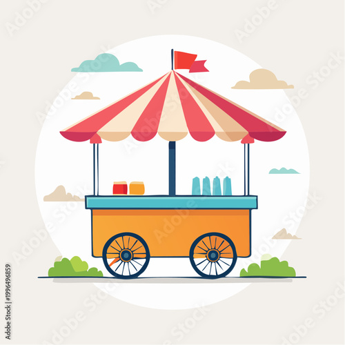 Colorful Food Cart with Umbrella and Drinks