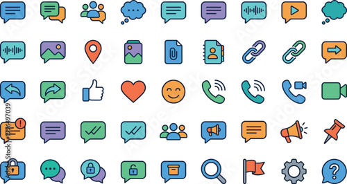 Communication chat vector icon set with messaging bubbles phone calls social media feedback and interaction symbols colorful flat design isolated on white background