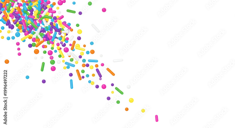 Fototapeta premium Colorful Candy Sprinkles Scattered on White Background with Copy Space, Decorative Toppings for Celebration Cakes and Desserts