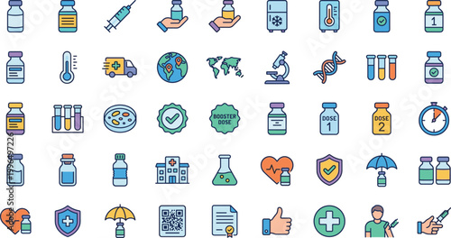 Healthcare medical vector icon set with vaccine syringe medicine bottles hospital symbols DNA laboratory elements and health protection icons isolated design