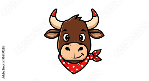Foto Cute cartoon bull head with red bandana, friendly farm animal illustration