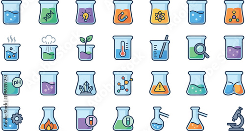 Laboratory glassware vector icon set with beakers flasks test tubes chemistry experiments science research equipment and medical lab symbols isolated design