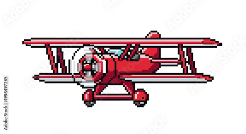 Retro Red Biplane Aircraft Pixel Art Illustration.