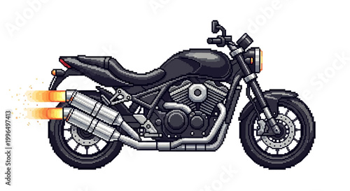 Powerful Black Motorcycle with Fiery Exhaust Flames.