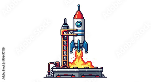 Pixel Art Rocket Launching from Platform.