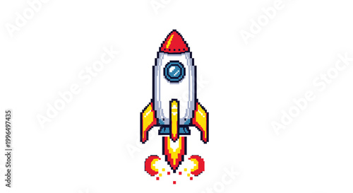 Pixel Art Rocket Ship Launching into Space.