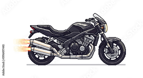 Powerful Black Motorcycle with Fiery Exhaust Flames.