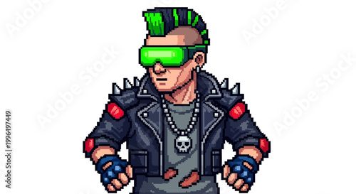 Punk character with mohawk and goggles illustration.