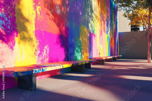 Community relaxation areas, vibrant bench with abstract colorful wall bath sunlight and shadow of leaves. Urban lifestyle.
