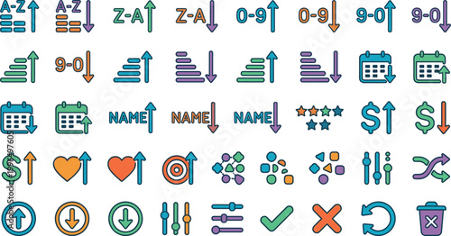 Sorting filter vector icon set with alphabetical numeric arrows calendar rating price controls and user interface elements isolated on white background design