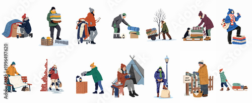 Fotografía Set of diverse volunteers and characters distributing warm clothes, blankets, and supplies to people in need during the cold winter season