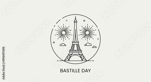 Принти на полотні Eiffel Tower Bastille Day Fireworks Celebration Line Art