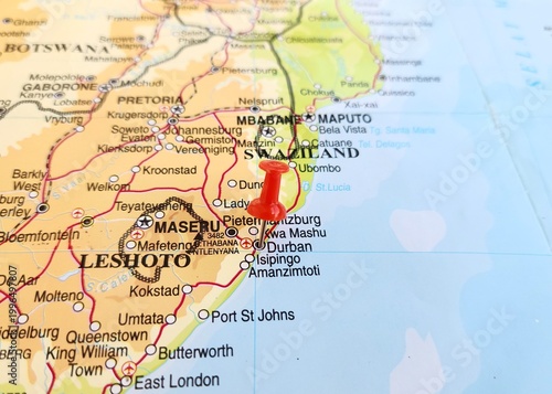 View of Durban, is the third-most populous city in South Africa, and the largest city in the province of KwaZulu-Natal, on a geographical map of Africa, marked with red push pin
