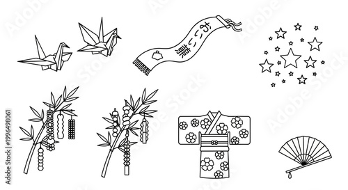 Japanese Summer Festival Elements - Tanabata, Origami, Yukata, Fan, Stars