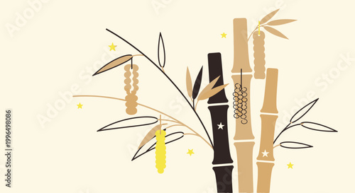 Japanese Tanabata Festival Bamboo Decoration with Stars and Ornaments